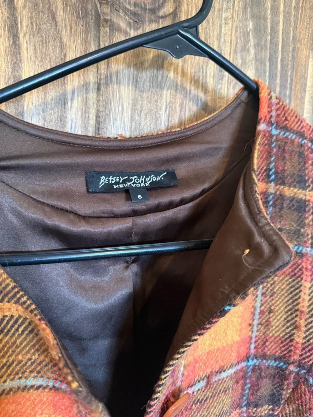 Betsey Johnson Orange and Brown Plaid Wool Coat - Picture 4 of 6